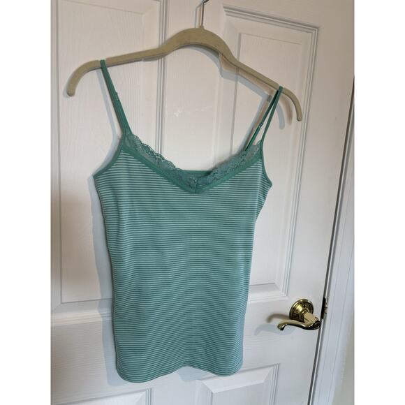 VTG Y2K Lace Cami Tank Size Small Green Striped Built in Bra Fairycore Western - Picture 3 of 7